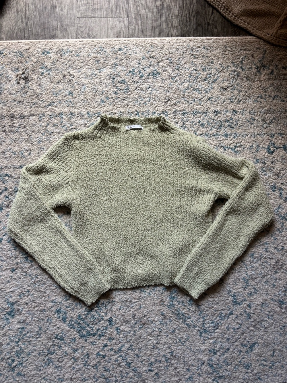 ZARA green fuzzy plush cropped sweater mockneck top